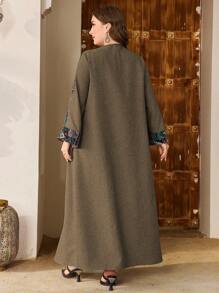 Al Najma Vestido elegante de talla grande para mujer con escote en V, manga de campana, apariencia de lino, estampado de jacquard, volantes en el bajo, de estilo árabe, turco y retro, modesto kaftan