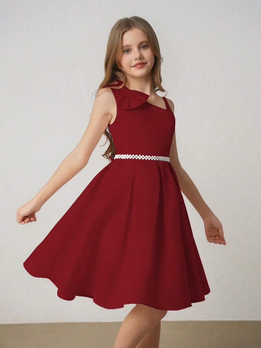 Tween Girl Sleeveless One Shoulder Cinched Waist A-Line Elegant Minimalist Wedding Bridesmaid Party Dress With Pearl Waistband - Burgundy - View 1