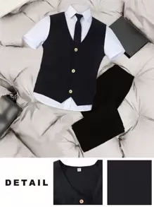 SHEIN 2pcs/Set Teen Boy Gentleman Suit: Slim Fit Vest + Textured Trousers, Elegant Formal Outfit For Birthday, Party, Wedding, Graduation Ceremony, Pageboy