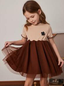 PrepCrw Vestido de malha patchwork de manga curta de malha damasco para meninas, primavera/verão - Caqui - Ver 1