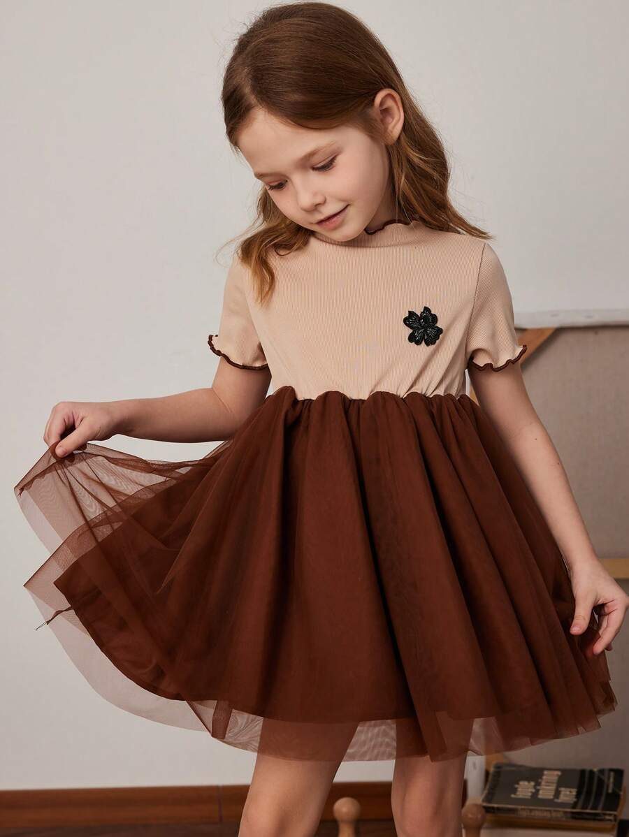 PrepCrw Vestido de malha patchwork de manga curta de malha damasco para meninas, primavera/verão - Caqui - Ver 1