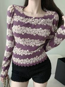 DAZY Women's Lace Pattern Round Neck Loose Long Sleeve Fashionable Blouse,Fall Clothes - Purple - View 3