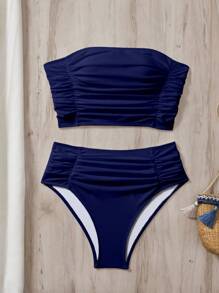 SHEIN Swim 女士纯色露肩抹胸上衣和侧褶下装比基尼套装，海滩夏季服装 - 寶藍色 - 查看 4