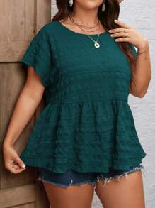 SHEIN LUNE قميص نسائي مقاسات كبيرة بلون أحادي، زخرفة كشكشة في الجزء الخلفي وذيل مفصل - أخضر داكن - مشاهدة 5