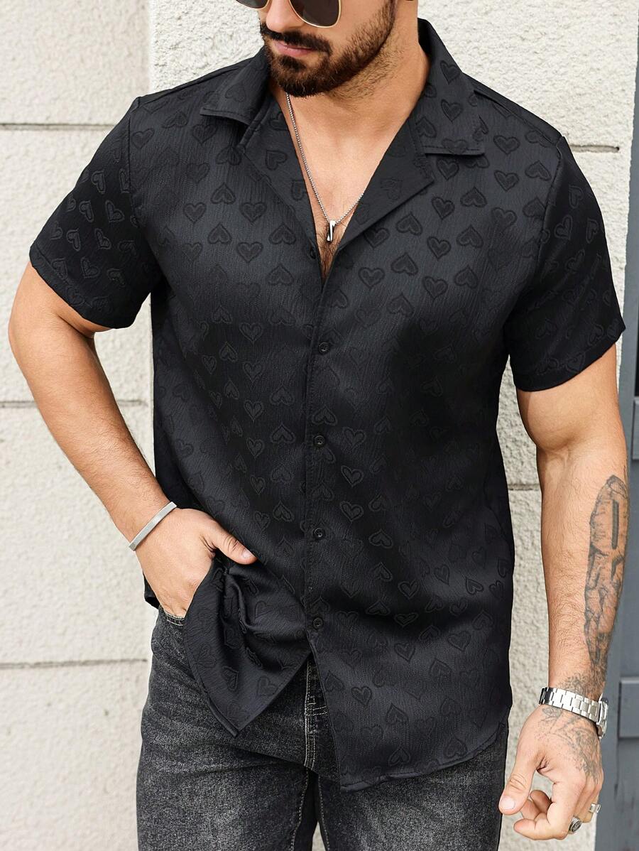 Manfinity Homme 男士纯色短袖衬衫，简约时尚，适合夏季 - 黑色 - 查看 1