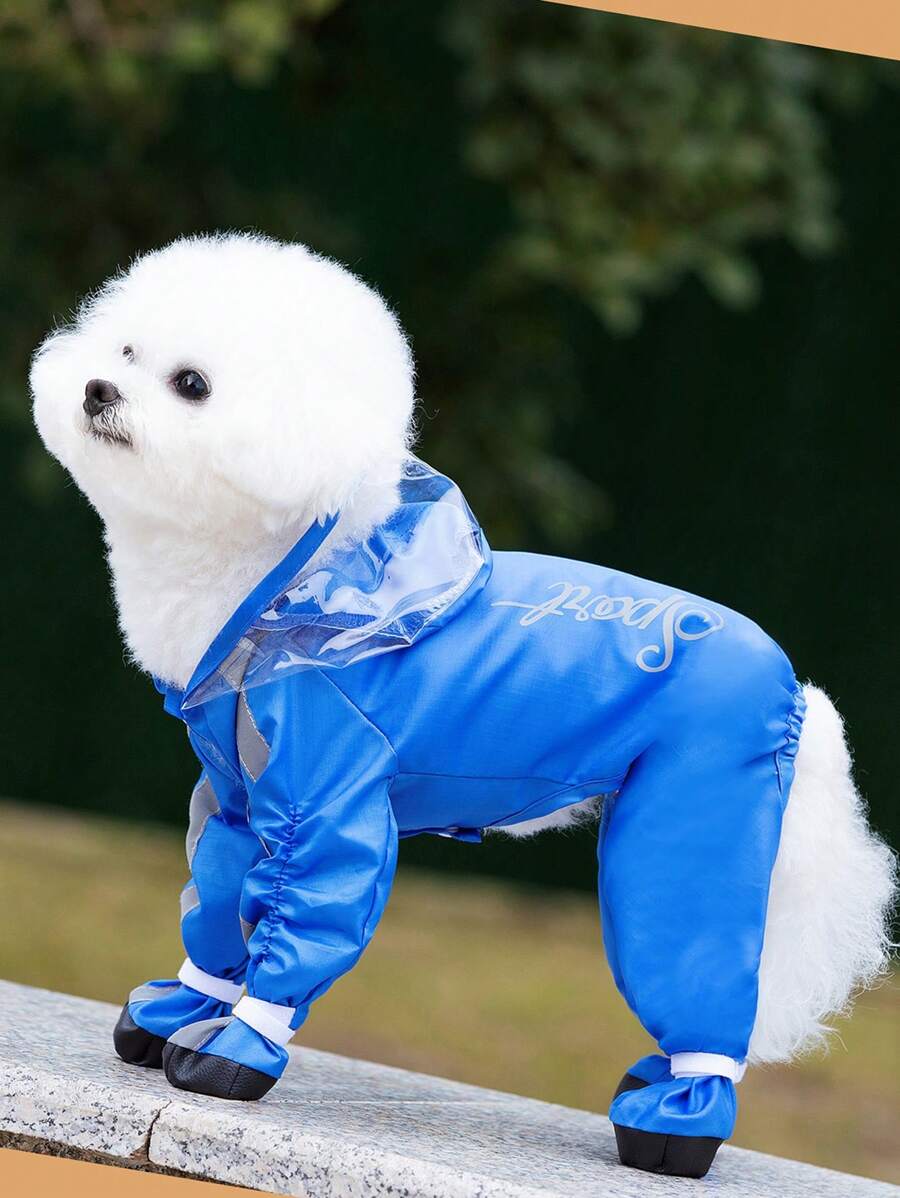 PETSIN 轻便、透气、防水、防风、防尘的蓝色字母印花宠物连帽雨衣，非常适合春夏户外活动 - 藍色 - 查看 1