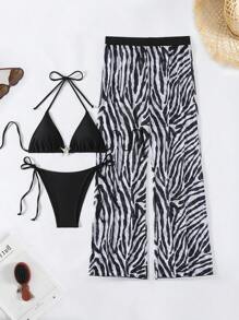 SHEIN Swim Set de 3 piezas de traje de baño de mujer: Bottom de estampado de cebra-disco, shorts de playa con estampado animal, bikini con detalles de estrella de mar metálica; Bikini negro de estampado de cebra de 3 piezas