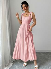 Elenzga Elegant Tie Bow Ruched A-Line Flowy Dress For Women, Spring/Summer - Pink - View 4