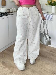 SHEIN MOD Women's Plus Size White Jeans Ditsy Floral Trousers Ditsy Floral Wide-Leg Pants Summer Pants Fresh Pastoral Style
