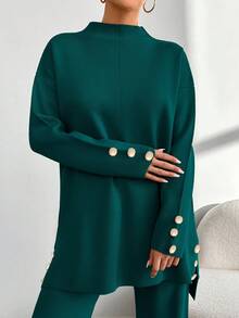 EURMUSE 2pcs Women Winter Casual Solid Color Drop Shoulder Sweater And Ankle Length Pants Set - Dark Green - View 5
