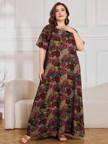 Lacomfia Floral Print Casual Loose Fit Mid-Length Dress, Suitable For Spring/Summer, Plus Size - Multicolor - View 4