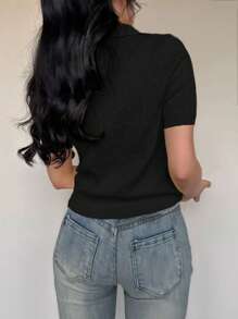 Flirla Top de punto de manga corta con cuello polo de cuerda retorcida y unicolor para mujer - Negro - Ver 2