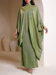 Veilorie Women's Elegant Metallic Sheen Batwing Sleeve Dress Modest Abaya For Women Kaftan Muslim Dress