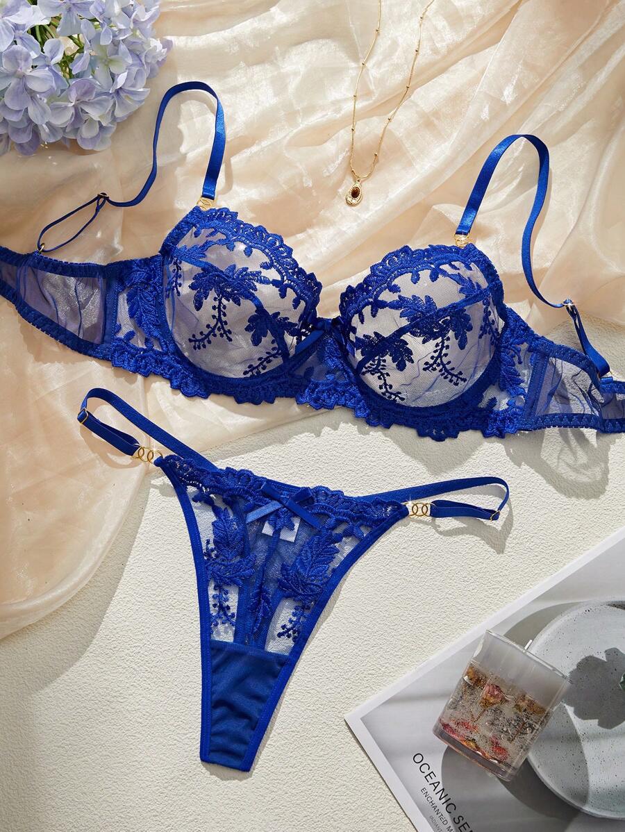 SHEIN Esselle 藍色女款刺繡浪漫性感內衣套裝 2件組 - 藍色 - 查看 1
