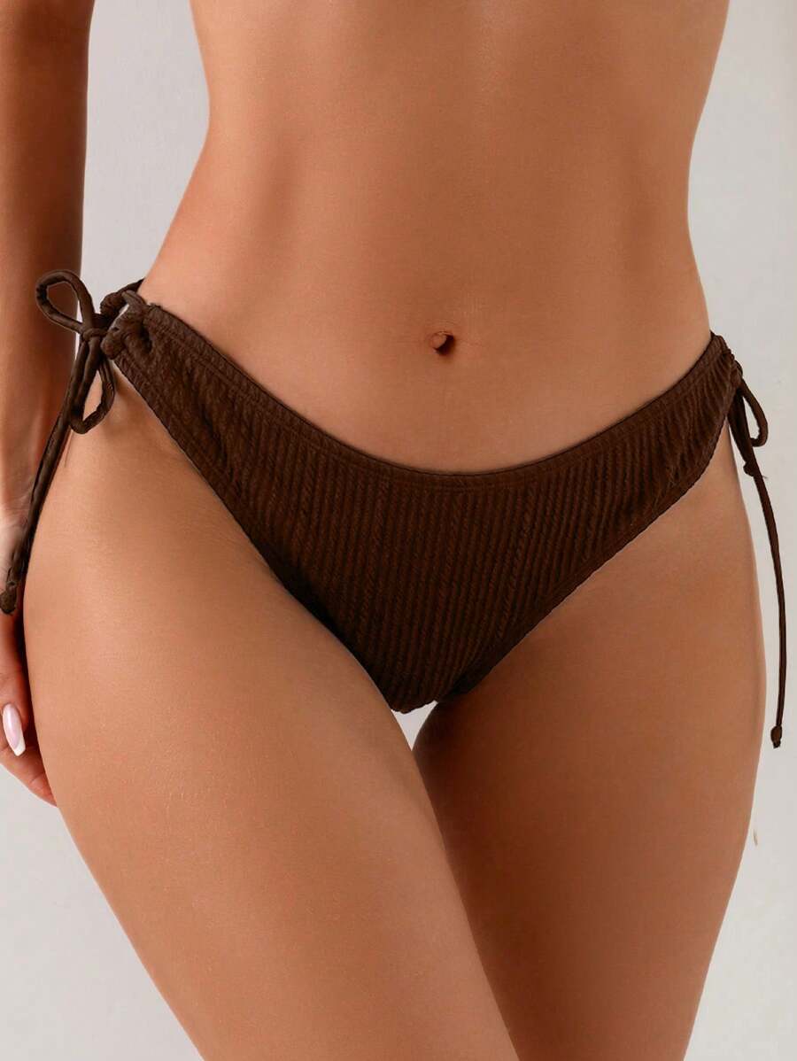 SHEIN Swim Women's Summer Beach Solid Color Side Tie Bikini Bottom - Brown - View 1