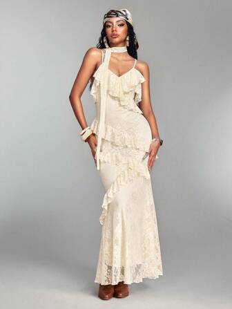 Hippie Vestido de tirantes elegante de unicolor con ribete de encaje y volantes en el bajo