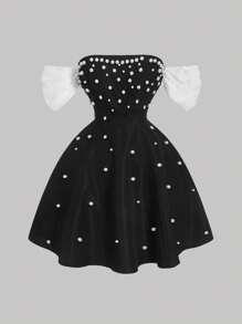 SHEIN MOD Black & White Color Block Off Shoulder Pearl Embellished Dress, Suitable For Dates, Parties, Festivals, Brunch Outfits, Birthday Occasions,Summer Outfits For Women,Easter,Rave Outfits Festival,Concert Outfit Women,Brunch Outfits For Women,Prom Dress,Wedding Guest Dress Women,Business Casual Woman,Y2k