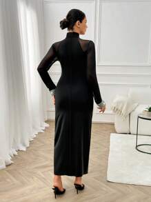 RueChic 水钻衣领和袖口下摆细节网眼袖双黑色长款休闲连衣裙