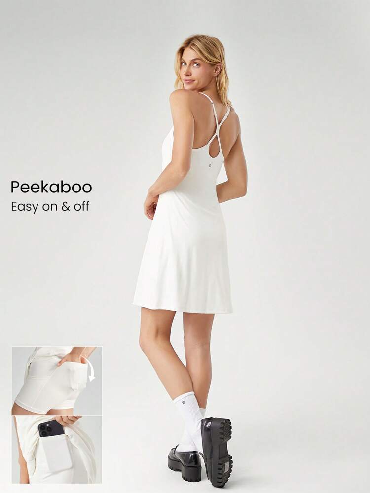 FeatherFit™-Air Peekaboo Adjustable Racerback Square Neck Pocket Anti-Slip Powerful Dress With Built-In Shorts Light Support Low Impact Yoga Pilates Studio Summer Quick Dry Moisture Wicking