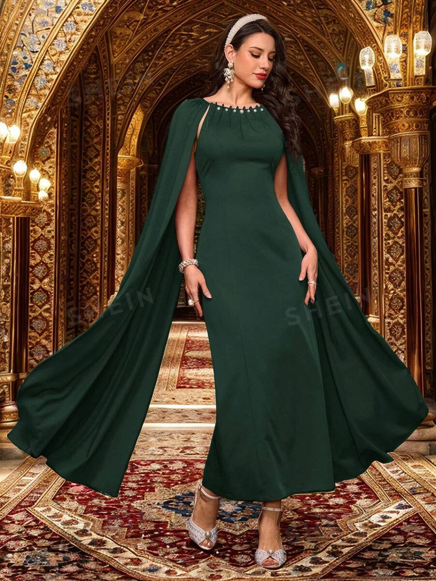Modelyn Vestido elegante de mujer con parches de unicolor, decoración de perlas falsas y drapeado - Verde Oscuro - Ver 1