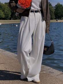 DAZY Women's Solid Color Pocket Pleated Minimalist Casual Jeans, For Everyday Wear - White - View 6