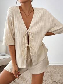 SHEIN Essnce 大码女式短袖西装、休闲度假西装、卡其色西装、女式夏季两件套西装、女士夏季服装、女士休闲套装波西米亚风女装、度假两件套外出服装外出服装 - 卡其色 - 查看 5