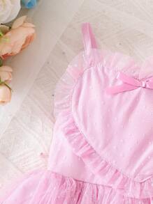 SHEIN 女婴无袖纯色网眼拼布连衣裙 - 粉色 - 查看 3