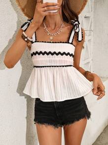 SHEIN VCAY Áo kiểu nữ mùa xuân hè phong cách Boho bằng vải lanh, áo hai dây peplum, áo croptop phối màu, áo buộc dây vai, cổ vuông, áo kiểu babydoll rộng rãi, áo thun xếp ly, áo nữ mùa hè, áo casual, áo đi dự tiệc, áo đi nghỉ mát, áo mùa hè mặc đi biển, áo mùa hè cho nữ, áo đi biển cho nữ, áo mùa hè dự lễ hội, áo đi nghỉ mát - trắng - Xem 7