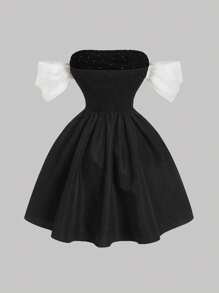 SHEIN MOD Black & White Color Block Off Shoulder Pearl Embellished Dress, Suitable For Dates, Parties, Festivals, Brunch Outfits, Birthday Occasions,Summer Outfits For Women,Easter,Rave Outfits Festival,Concert Outfit Women,Brunch Outfits For Women,Prom Dress,Wedding Guest Dress Women,Business Casual Woman,Y2k
