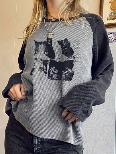 INAWLY 女式猫咪印花拼色长插肩袖 T 恤图案 T 恤女式上衣适合春季服装