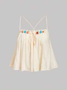 SHEIN MOD Plus Size Women Apricot Doll Beads Foldable Necklace Crop Camisole Women Summer Tops,Festival Ready, Beach Vacation Tops, Babydoll Tops - Apricot - View 1