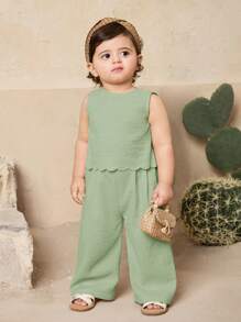Travachic KIDS Babygirl Summer Cute Wave Pattern Sleeveless Top And Pants Set - Green - View 6