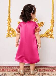 SHEIN Baby Girl Lovely Glamorous Purple & Gold Pattern Short Sleeve Summer Vacation Dress