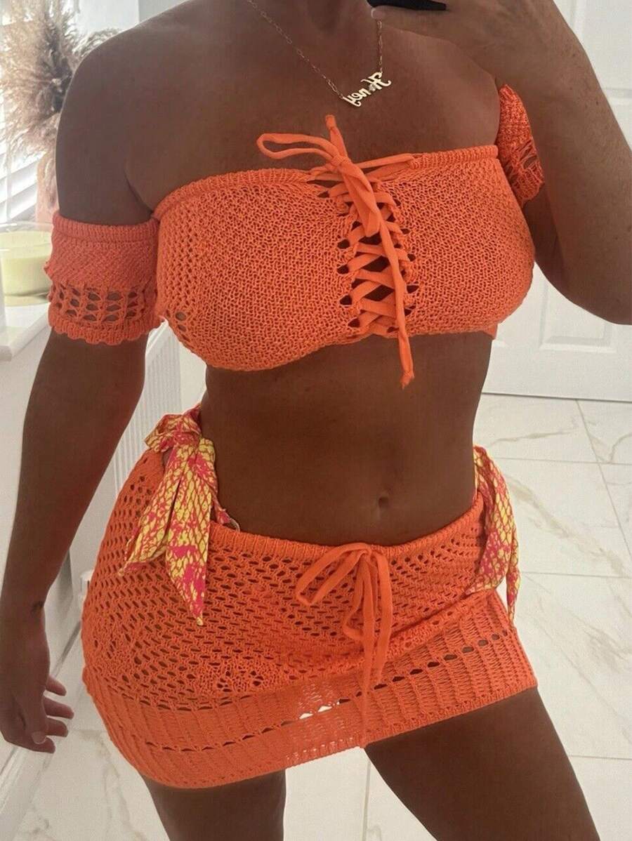 INAWLY 2pcs Women Summer Off-Shoulder Lace-Up Cropped Knit Top & Mini Skirt Set - Orange - View 1