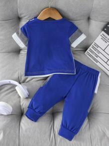 Baby Boy 2pcs Set: Sports Casual Color-Block Short Sleeve Letter Print T-Shirt & Patchwork Long Pants Outfit,Blue White Stripe,Summer,Casual,Beach - Multicolor - View 2