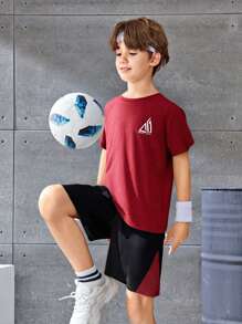SHEIN Tween Boy Colorblock Pattern T-Shirt And Shorts 2 Pieces Sportswear Set - Red - View 10