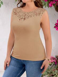 SHEIN Clasi Plus Size Casual Solid Color Lace Patchwork Tank Top - Khaki - View 6
