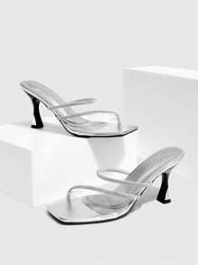 CUCCOO SZL Women's Fashion Silver Square Toe Rhinestone Metal Stilettos High Heels Slide Sandals - Silver - View 6