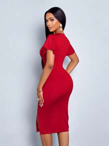 Zolique Plunge Neck Flutter Sleeve Slit Hem Bodycon Dress - Red - View 2