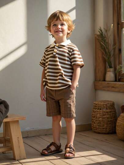 Vintaside Kids Young Boys Casual Knit Stripe Print Short Sleeve Round Neck T-Shirt