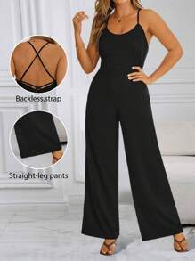 KURAYIA Women's Plus Size Elegant Romantic Spaghetti Strap Backless Tie Jumpsuit - Black - View 2