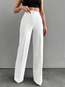 EURMUSE Women's Solid Color Pleated Slant Pocket Straight-Leg Daily Commute Trousers - White - View 3