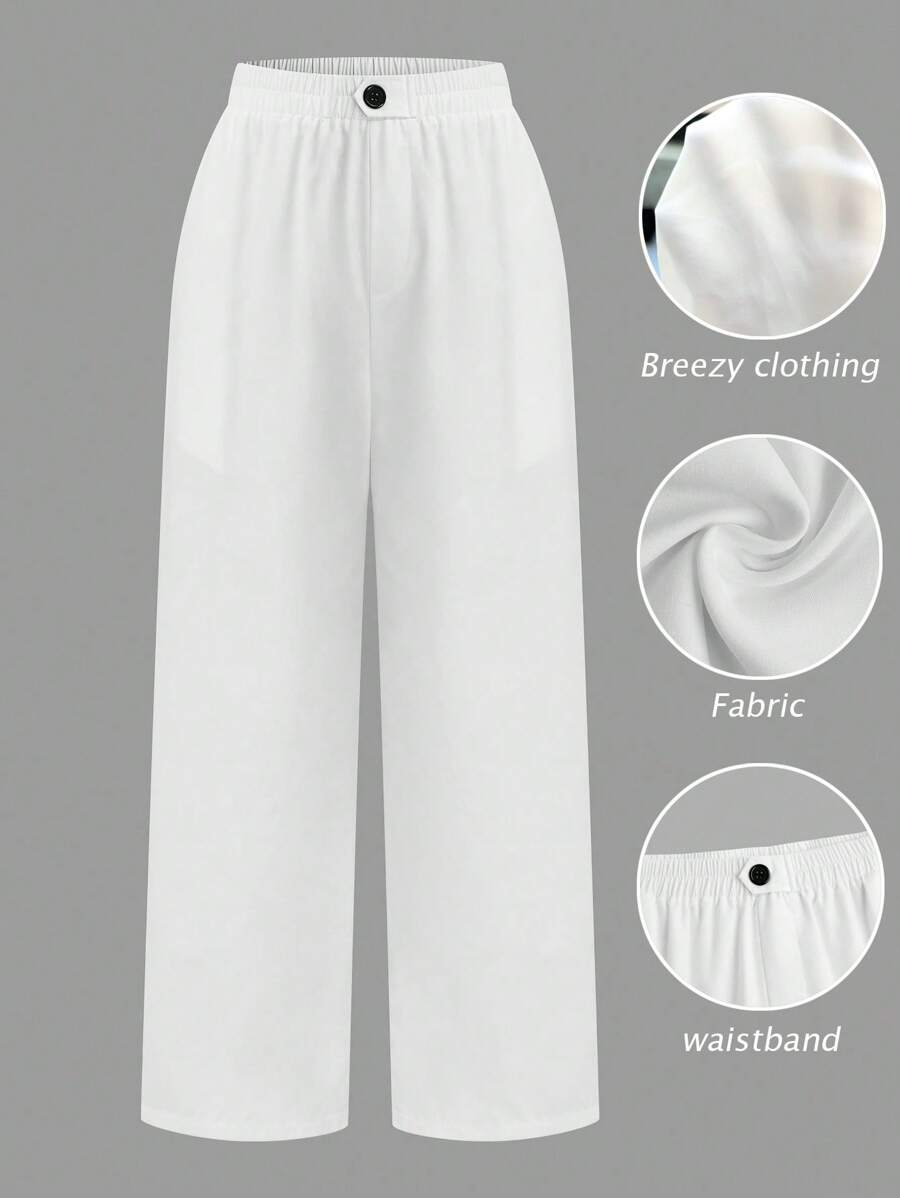Rometta 大码女式宽松弹力腰带斜口袋长裤 - 白色 - 查看 1