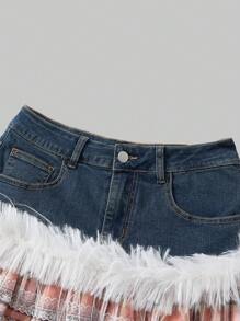ROMWE Kawaii Cute Y2K Style Plaid & Lace Patchwork Ultra-Short Mini Denim Skirt For Women - Multicolor - View 3