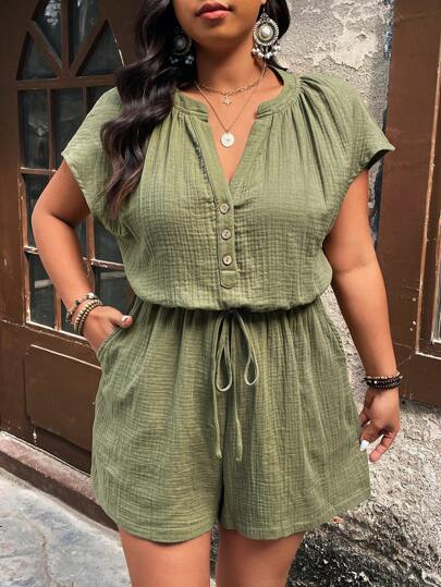 EMERY ROSE Plus Size Casual Daily Cotton Comfort Raglan Sleeve Drawstring Jumpsuit