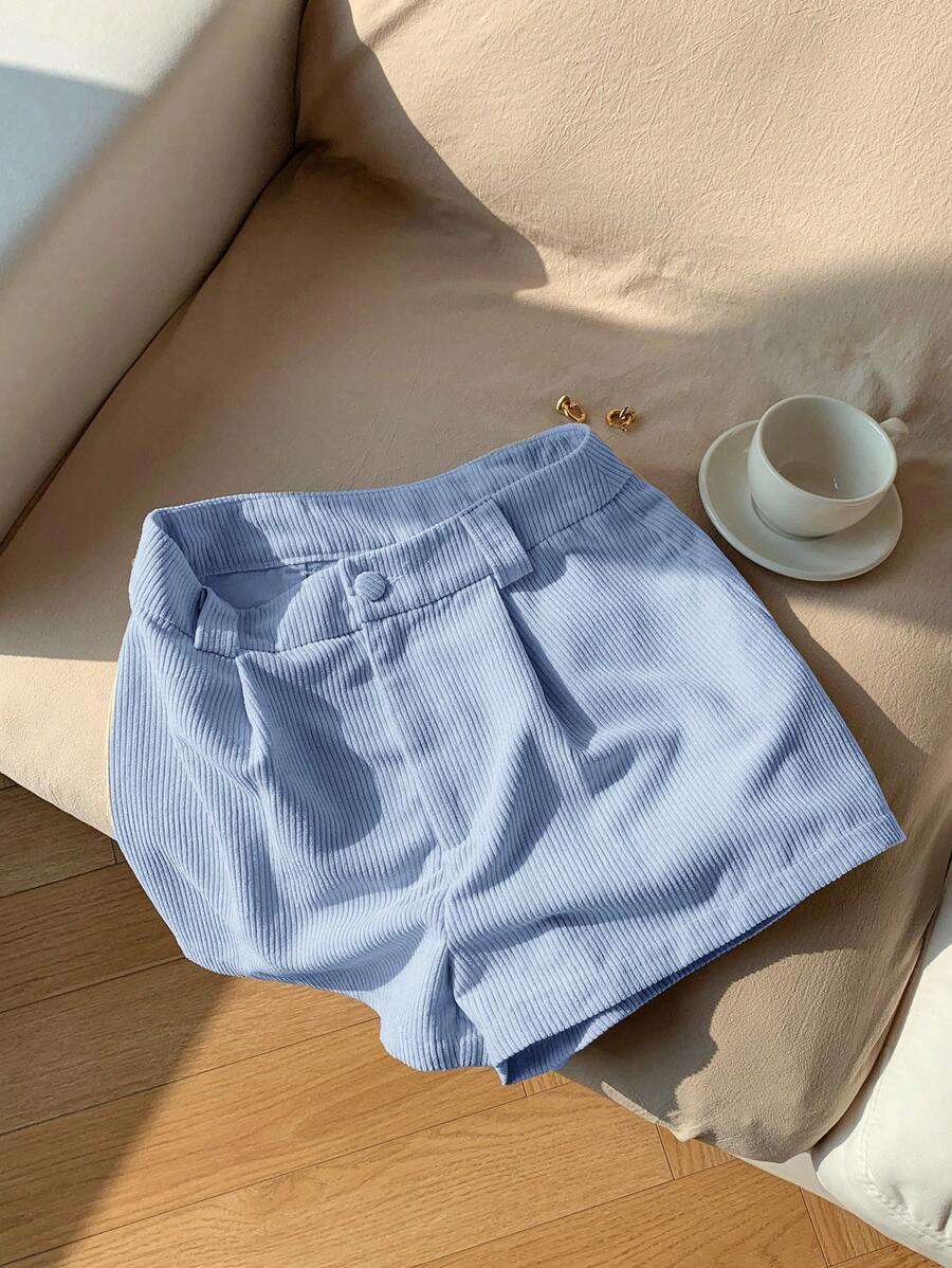 SHEIN EZwear 女士纯色褶皱宽松休闲新款灯芯绒短裤 - 淺藍色 - 查看 1