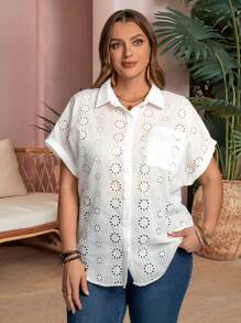 EMERY ROSE Blusa casual holgada con bordado quemado de murciélago de manga corta para mujer de talla grande, para conciertos, Pascua, país, uso occidental, estilo bohemio, verano, con bordado y puntada - Blanco - Ver 1