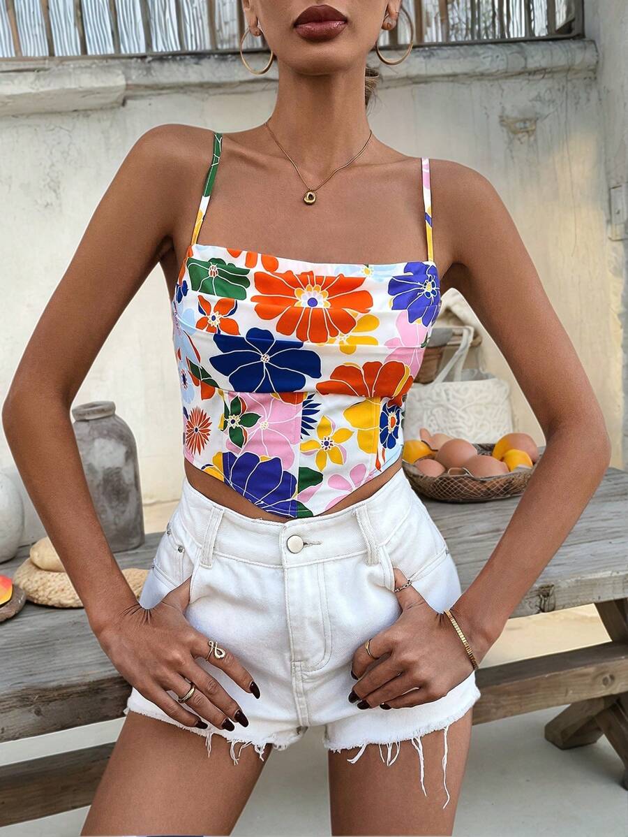 SHEIN VCAY Ladies White Floral Summer Boho Vacation Holiday Cami Top,Large Flower Print Multi-Layer Swing Collar Asymmetrical Hem Casual Cami Shirt For - Multicolor - View 1