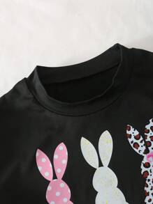Conjunto de camiseta ajustada de manga corta con cuello redondo y estampado de conejo + pantalones cargo de unicolor con cordón en la cintura para niña adolescente de uso casual diario - Negro - Ver 3