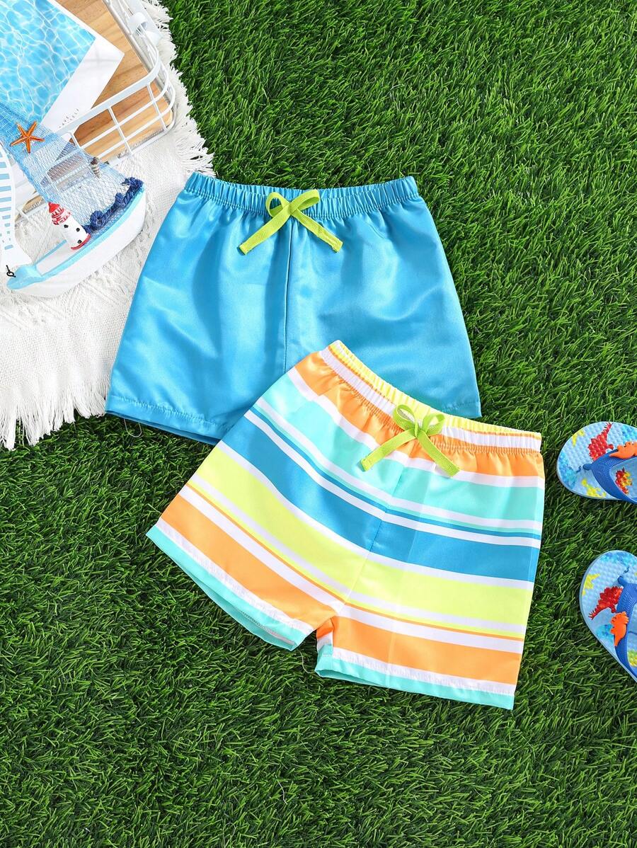 SHEIN Set de 2 shorts de baño a rayas con cintura elástica, lindos para bebé niño en verano - Azul - Ver 1